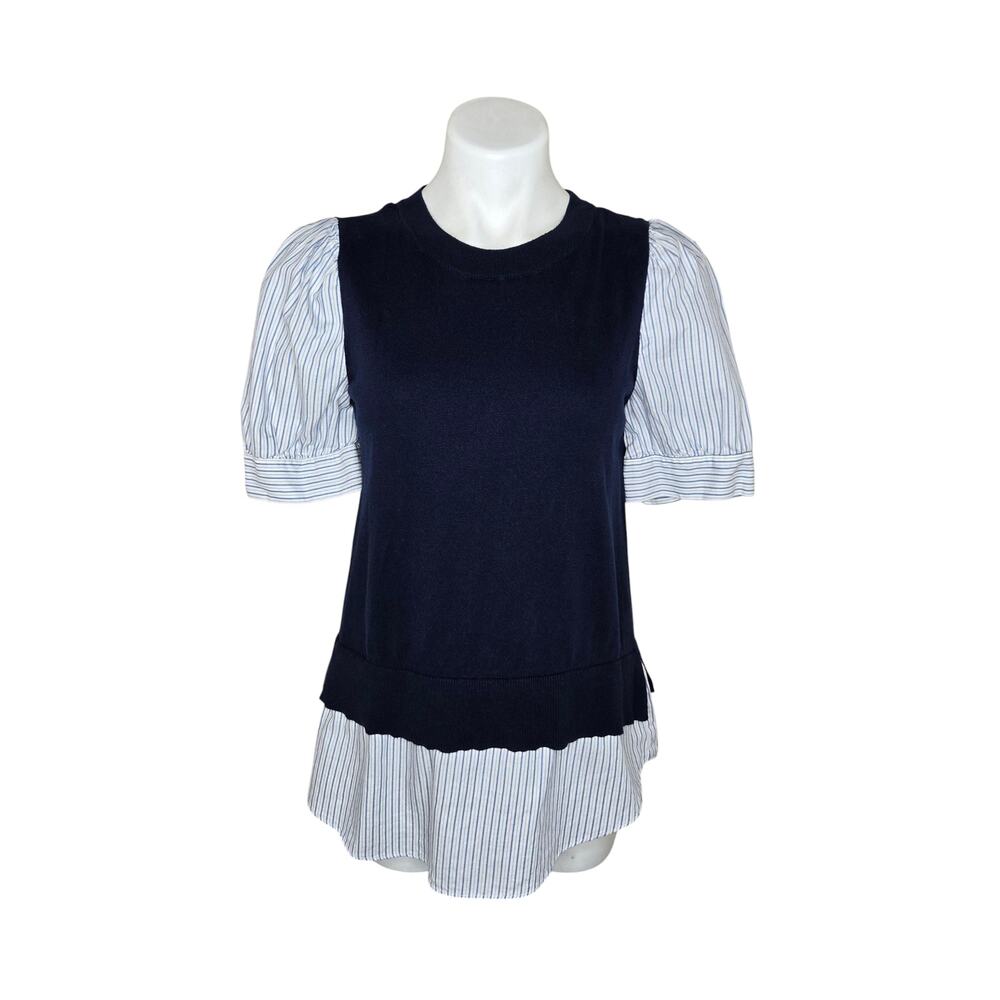 LOFT Layered Preppy Style Sweater Blouse Blue & White Size Medium